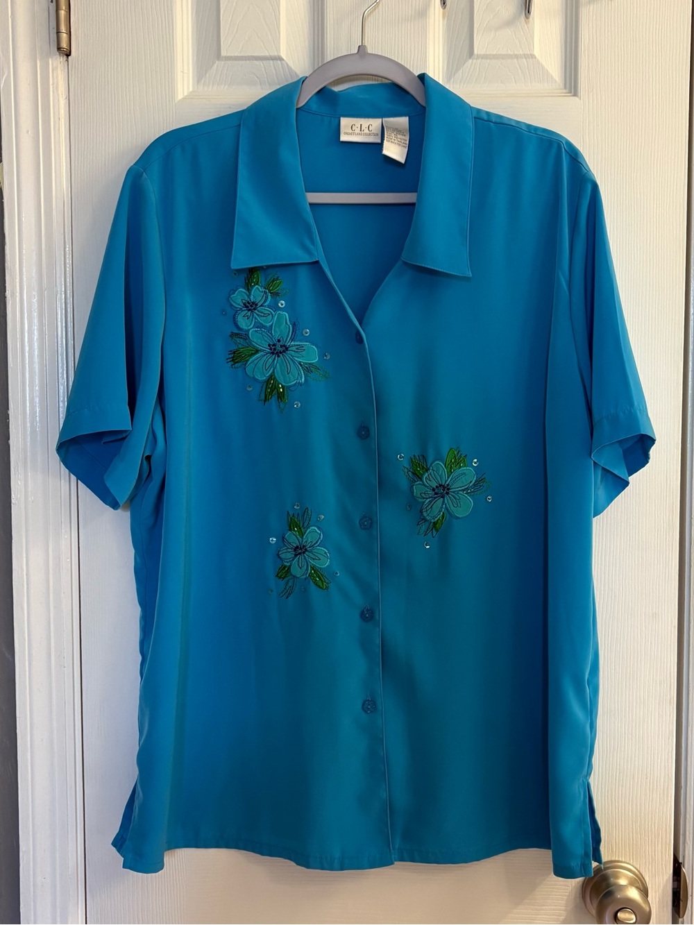 Vintage Cricket Lane Collection Beaded Sequin Flowers Short Sleeve Shirt Sz XL